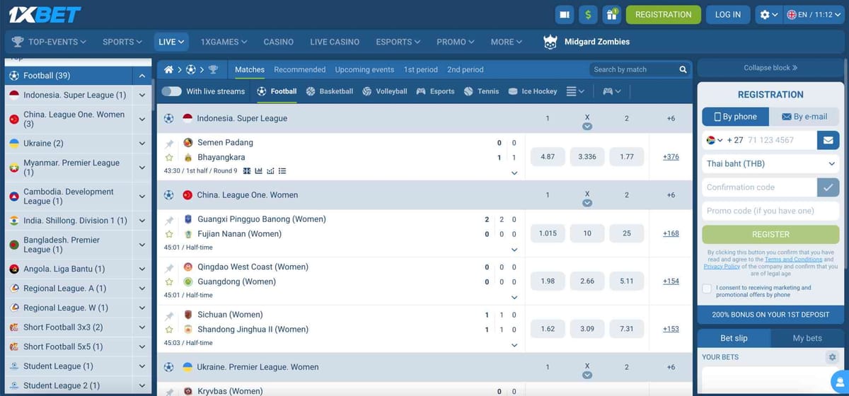 1xBet live football betting interface showing current matches and odds – example for understanding what is 1xBet safety net bet