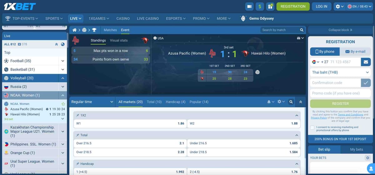 Live volleyball match on 1xBet between Azusa Pacific Women and Hawaii Hilo Women during NCAA Women’s game — showing betting odds and example for how to cancel a bet on 1xBet