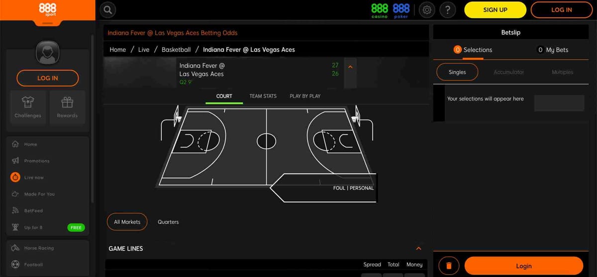 888sport live basketball betting interface showing Indiana Fever vs Las Vegas Aces game