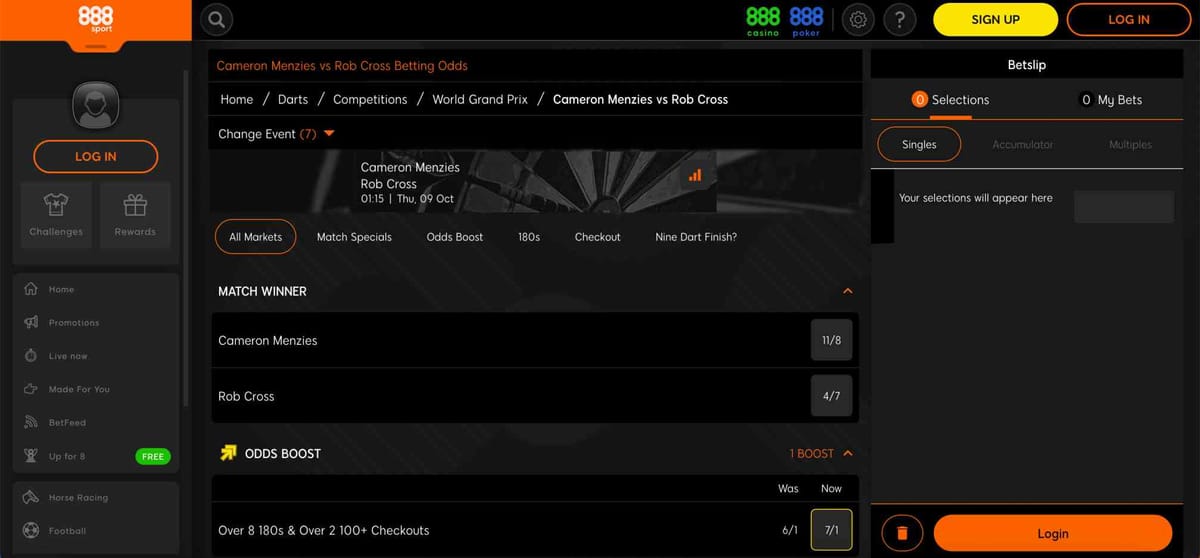 888sport betting page showing Cameron Menzies vs Rob Cross odds and bet slip options for users in Vietnam.