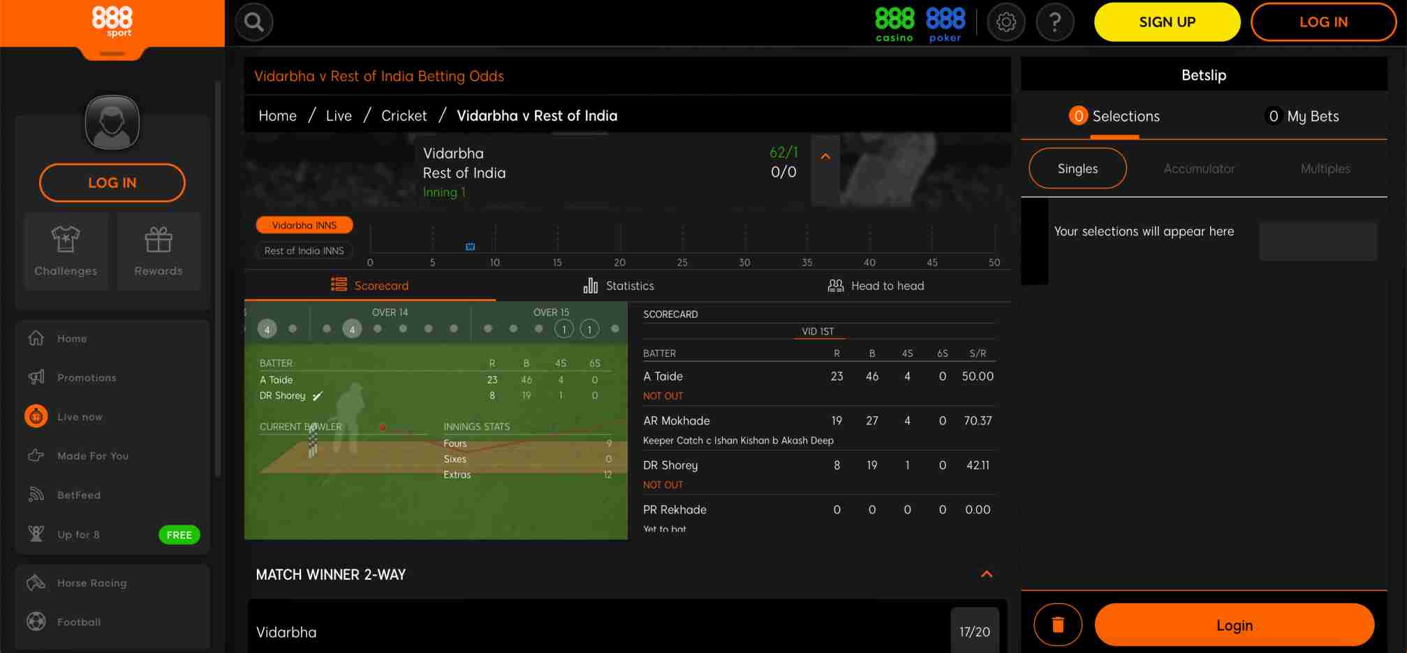 Live cricket betting odds on 888sport showing Vidarbha vs Rest of India scorecard and match details — what happens if a cricket match is tied in 888sport