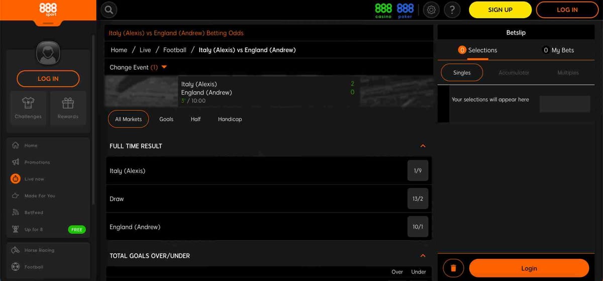 888sport betting screen showing Italy vs England football match odds, with options for full time result and totals.