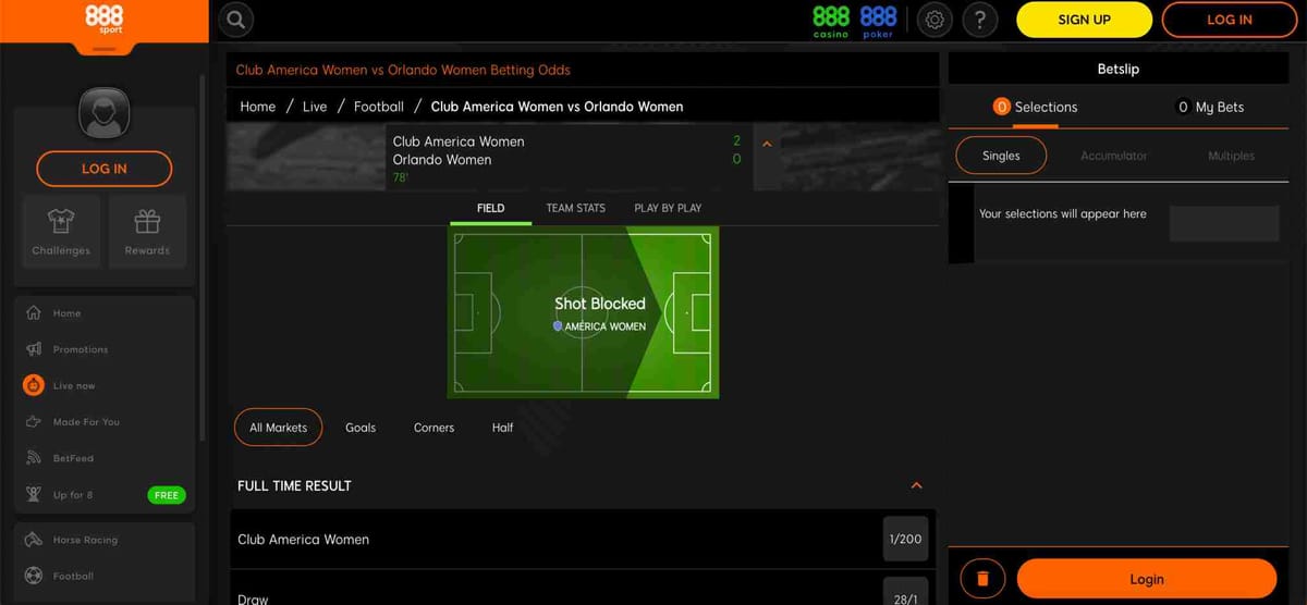 Live football betting screen on 888sport showing Club America Women vs Orlando Women match, often related to 888sport Interac deposit problem searches.