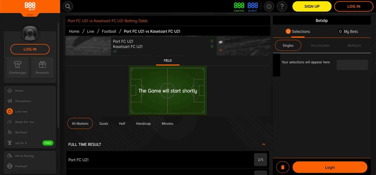 888sport match page displaying Port FC U21 vs Kasetsart FC U21 betting odds and live field view.