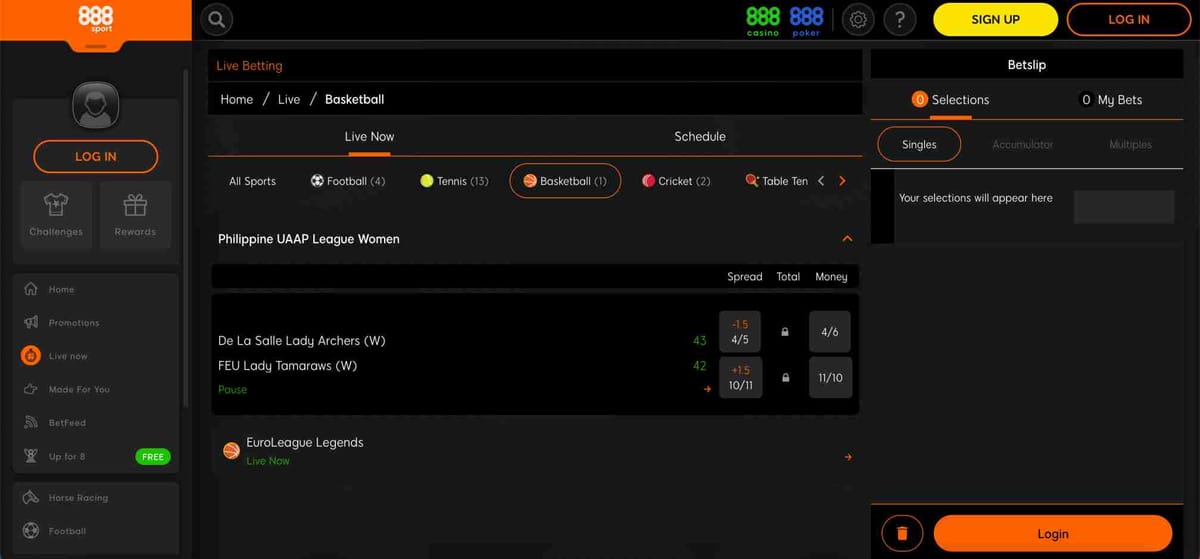 888sport live basketball betting interface showing De La Salle Lady Archers vs FEU Lady Tamaraws with betting odds – 888sport deposit options South Africa