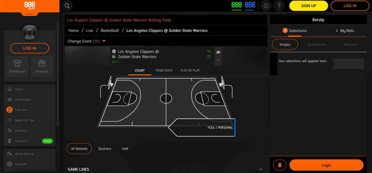Live basketball betting screen on 888sport showing Los Angeles Clippers vs Golden State Warriors, highlighting in-play stats and court view for users checking 888sport Venmo withdrawal time.