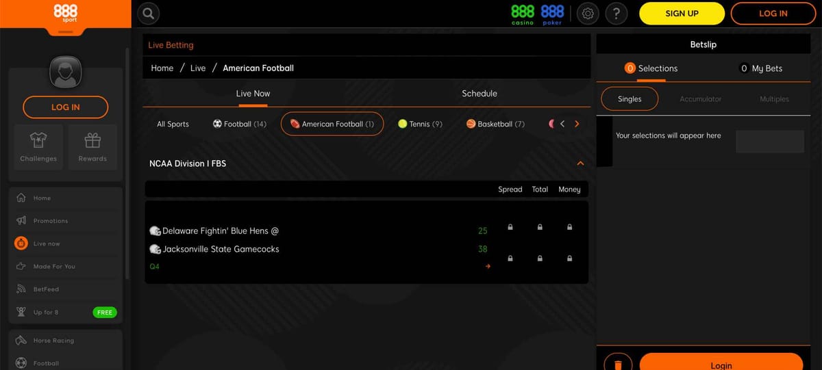 888sport live American football betting interface showing Delaware Fightin’ Blue Hens vs Jacksonville State Gamecocks — example used in article about 888sport Apple Pay withdrawal declined.