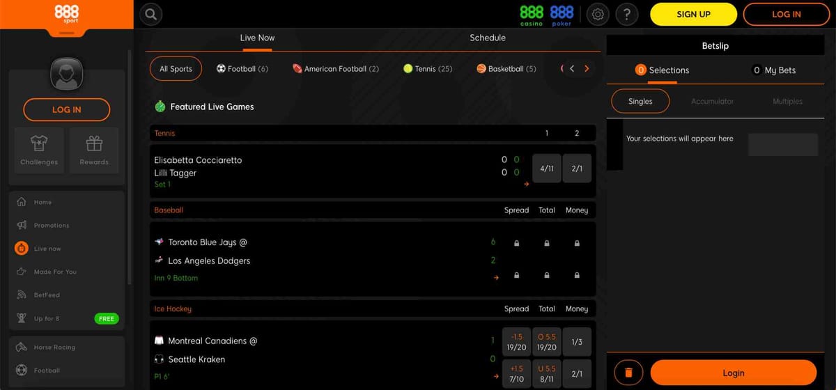 888sport live betting dashboard showing various sports and odds — guide on how to change odds format on 888sport.