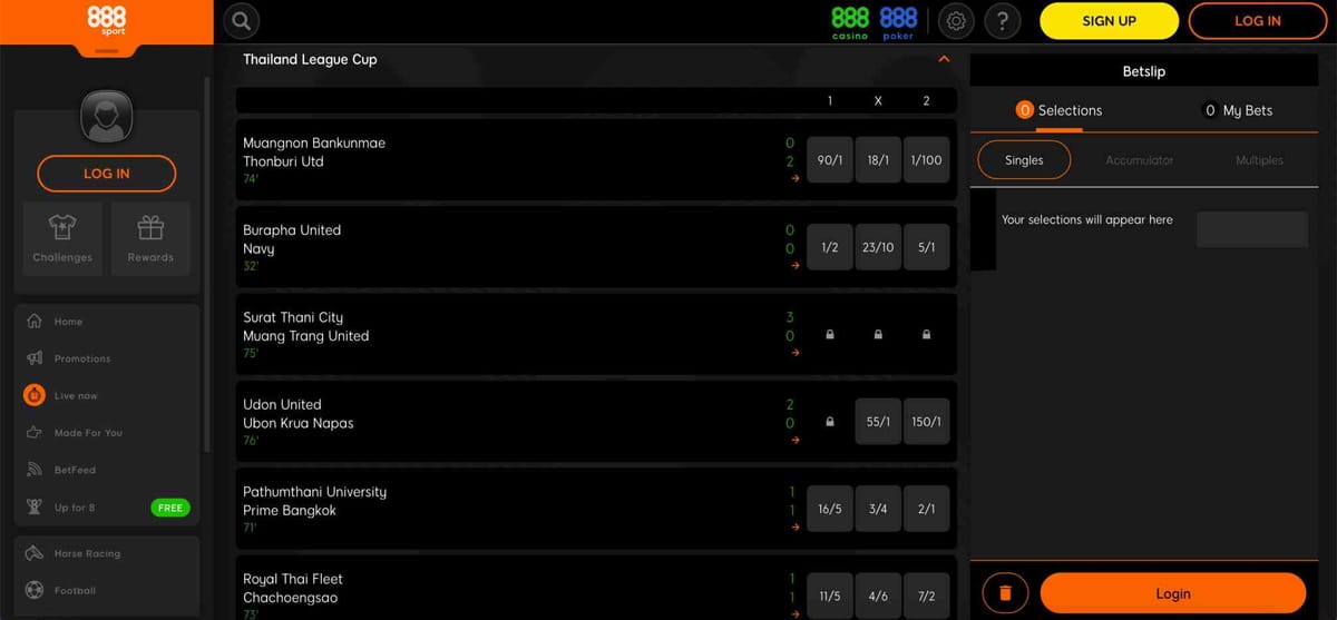888sport live betting screen showing Thailand League Cup football matches in progress.