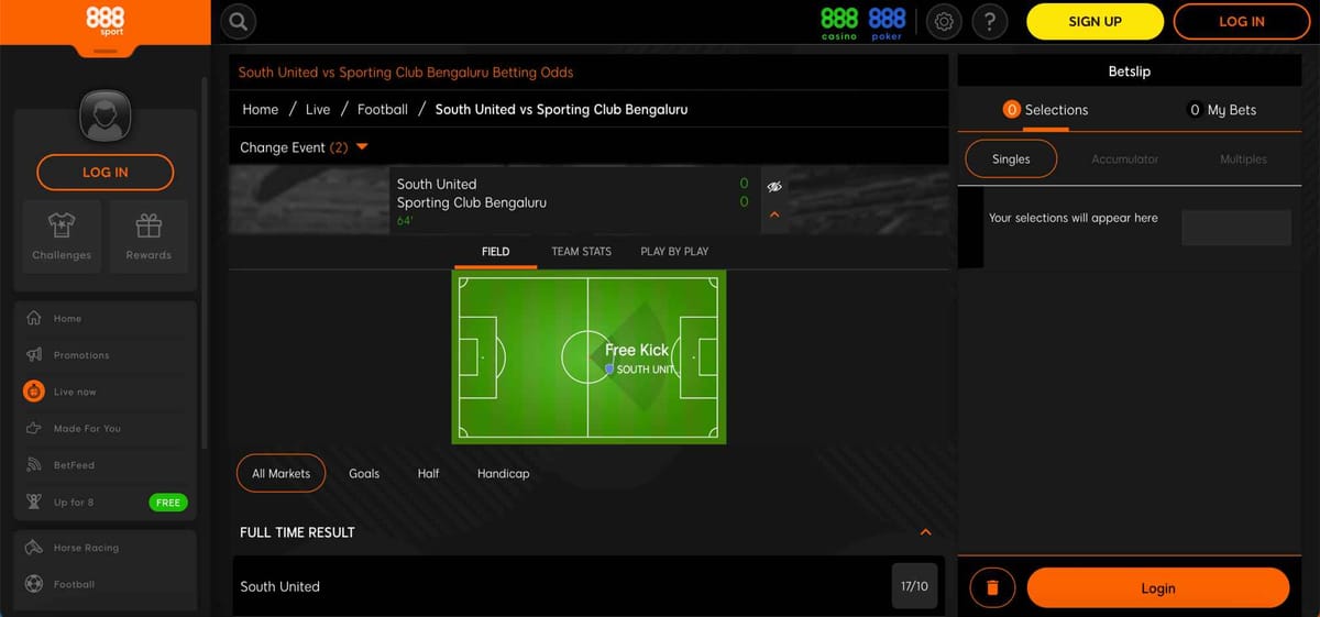 Live football betting screen showing South United vs Sporting Club Bengaluru on 888sport platform
