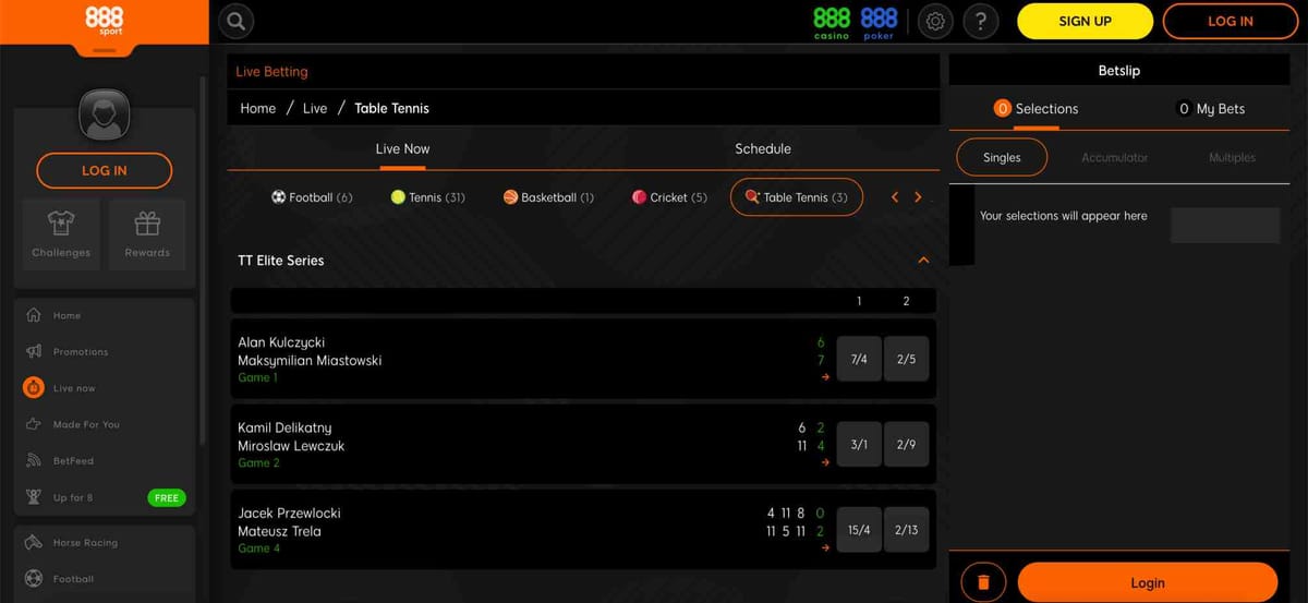 888sport live table tennis betting screen showing current TT Elite Series matches — part of user complaint about 888sport accumulator bonus not paid.