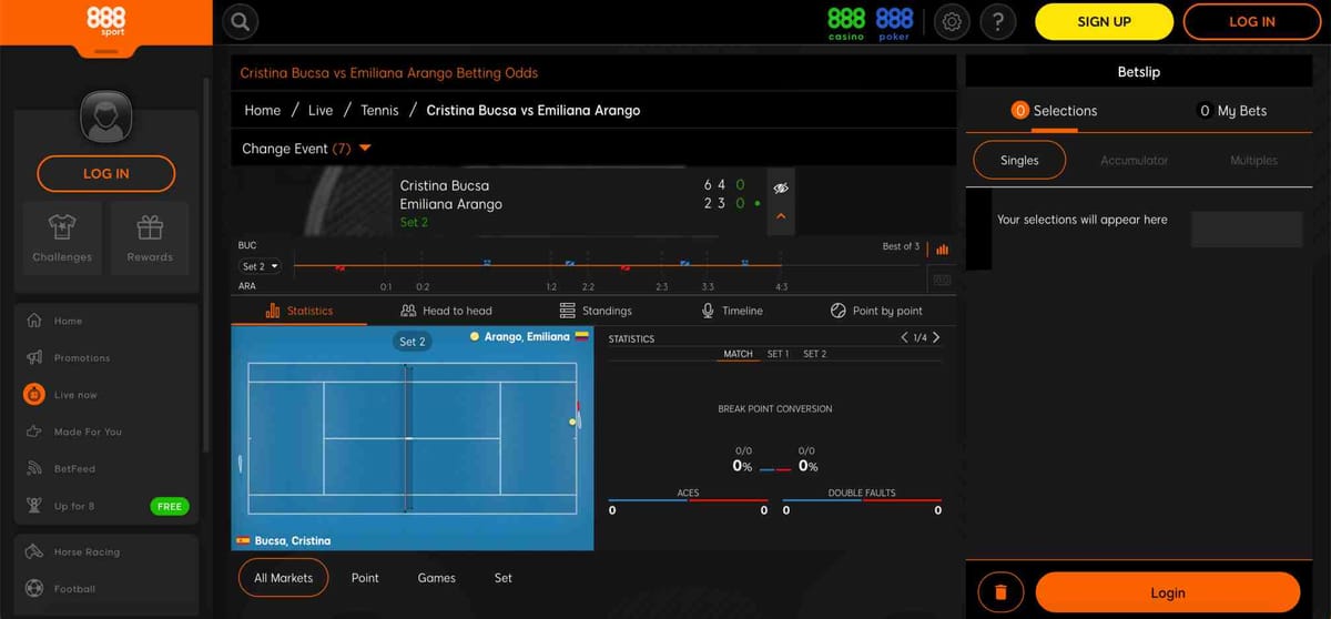 Live tennis betting screen on 888sport showing match statistics and odds, related to 888sport wire transfer withdrawal time Canada.