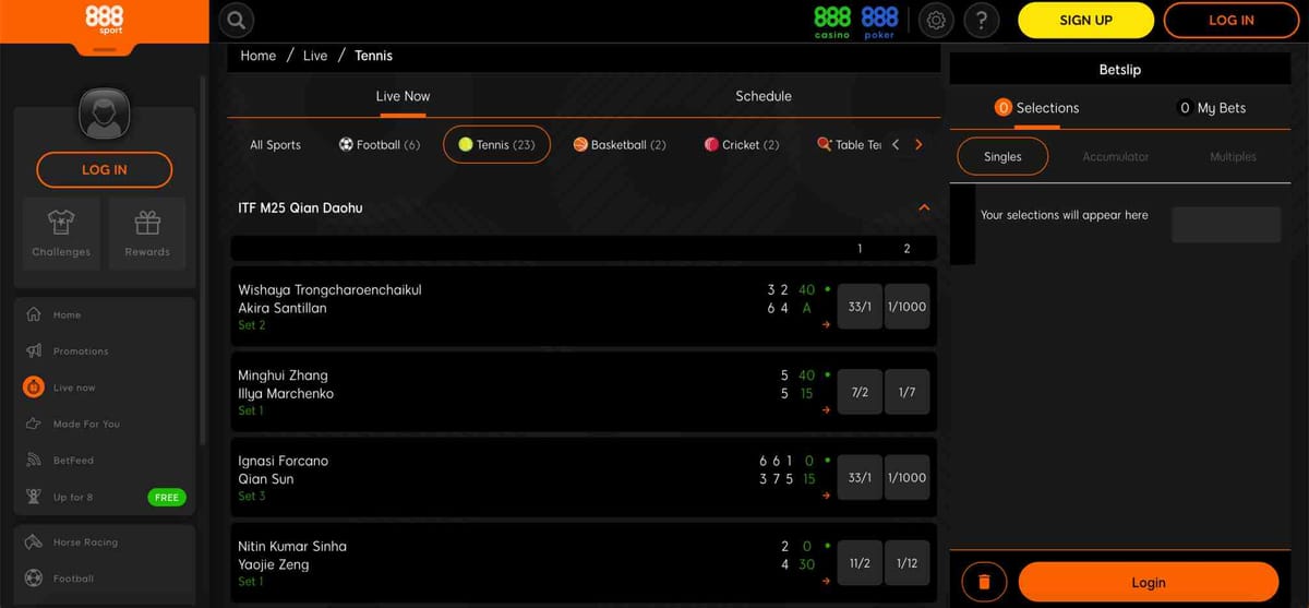 888sport live tennis betting interface showing current ITF M25 Qian Daohu matches — article about can you deposit to 888sport with PayPal.