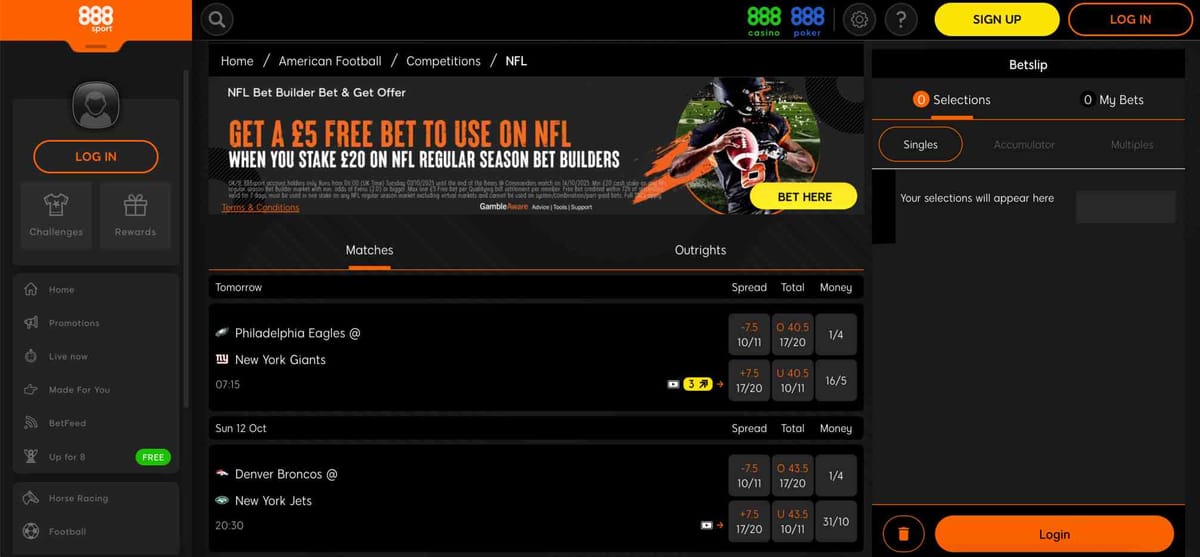 888sport NFL betting page showing upcoming football matches and bet options, illustrating account limits where your deposit limit cannot be increased.