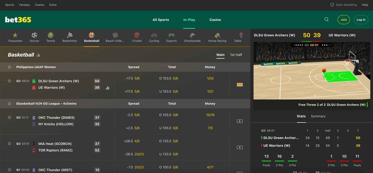 Bet365 live basketball betting showing DLSU Green Archers vs UE Warriors game — does Bet365 accept Visa gift cards for placing bets?