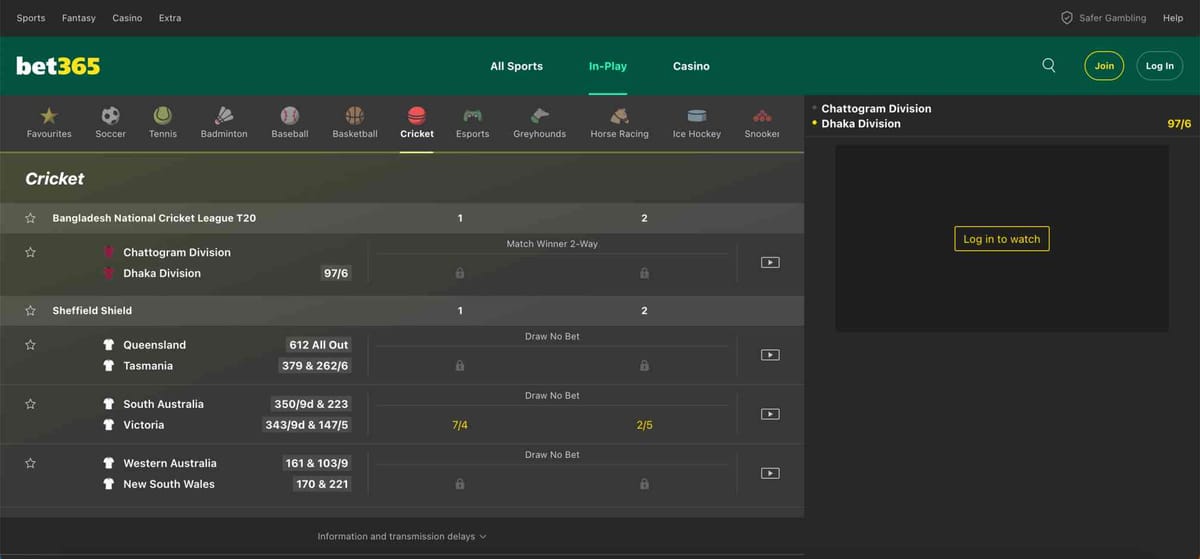 Bet365 cricket in-play betting screen showing Dhaka Division vs Chattogram Division scores, explaining what does dead heat mean on Bet365.