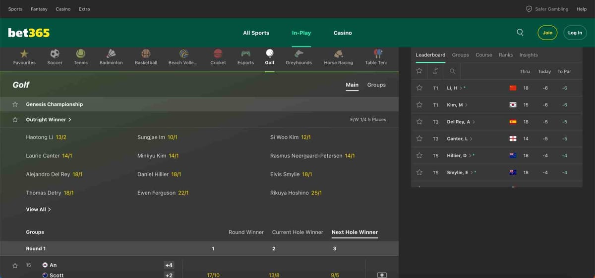 Bet365 Genesis Championship golf odds showing player betting lines and leaderboard — part of a discussion on why Bet365 might ban accounts.