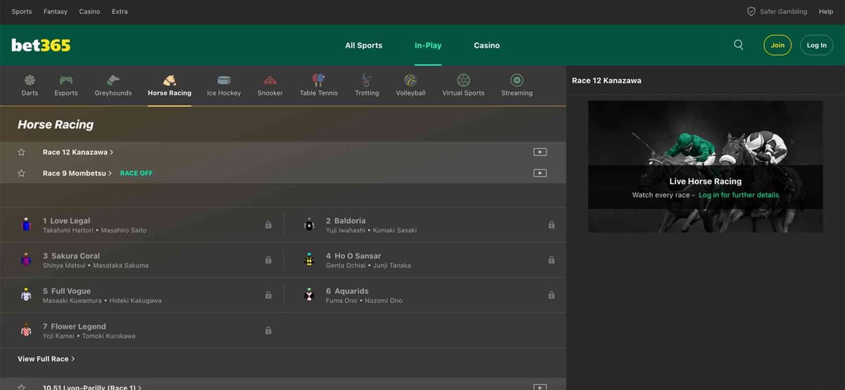 Bet365 horse racing interface showing Kanazawa and Mombetsu races — example from Bet365 wire transfer withdrawal Australia article