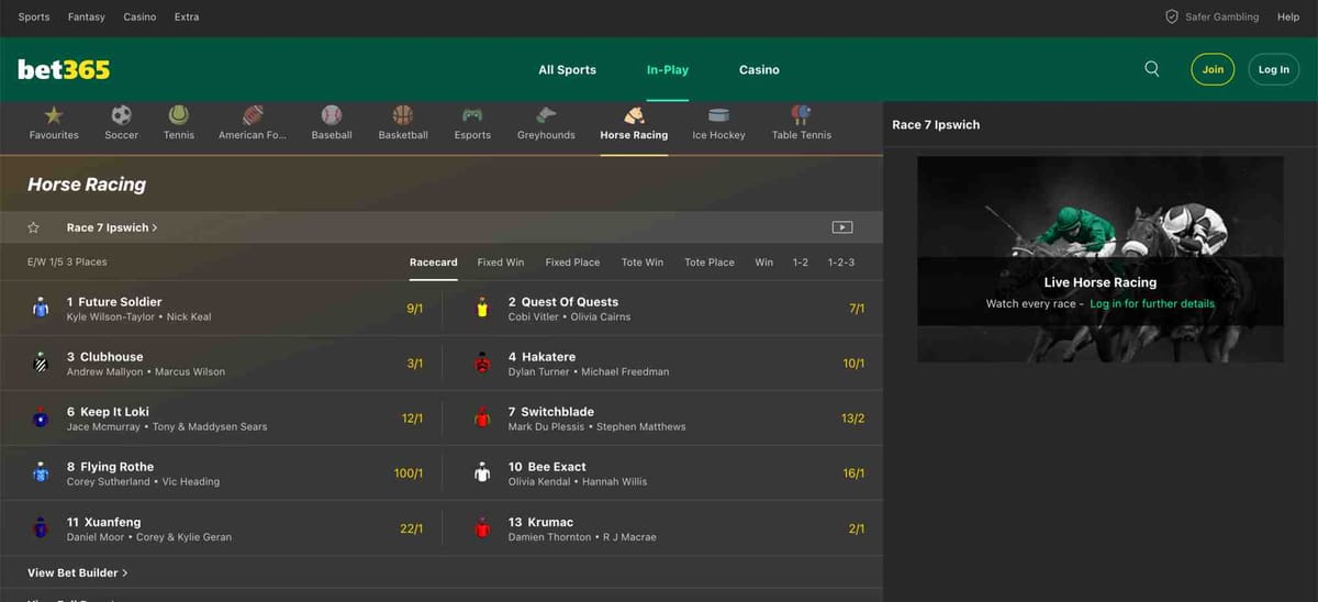 Bet365 horse racing odds and racecard showing Race 7 Ipswich selections on the betting page.