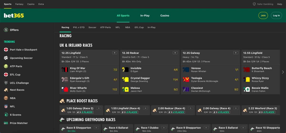 Screenshot of Bet365 horse racing page showing UK and Ireland race odds and upcoming events, relevant for Bet365 PIX deposit Brazil users.