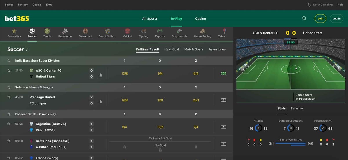 Bet365 in-play soccer dashboard showing live match stats and betting odds.