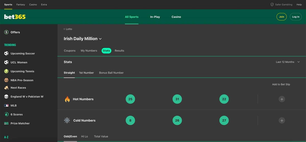 Bet365 Irish Daily Million stats page showing hot and cold numbers for lottery players – is Bet365 available in New York.