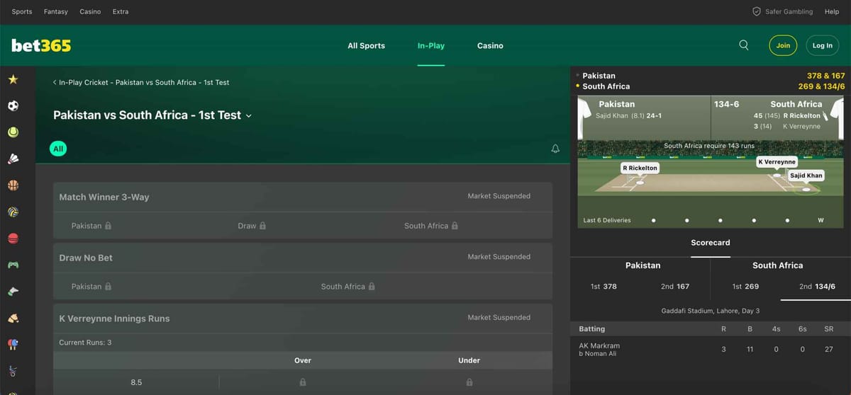 Screenshot of Bet365 live cricket section showing Pakistan vs South Africa Test match odds and market status, related to whether Bet365 accepts Mpesa.