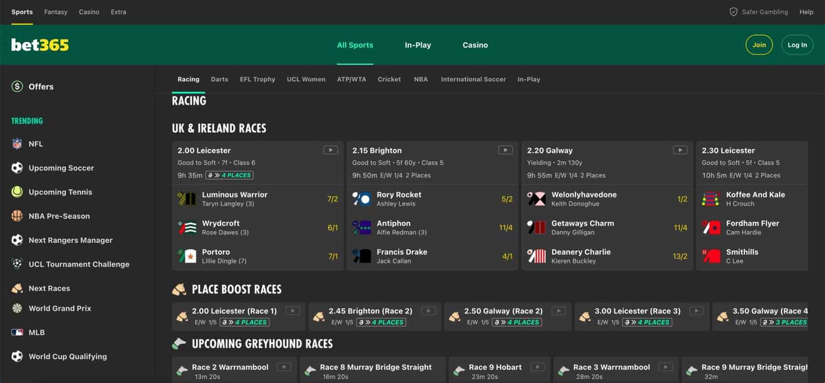 Bet365 racing and sports betting dashboard showing upcoming UK and Ireland horse races — exploring if you can bet anonymously on Bet365.