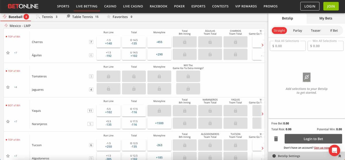 BetOnline live baseball betting screen showing Mexico LMP game odds and scores, used in article about why is my BetOnline payment reversed