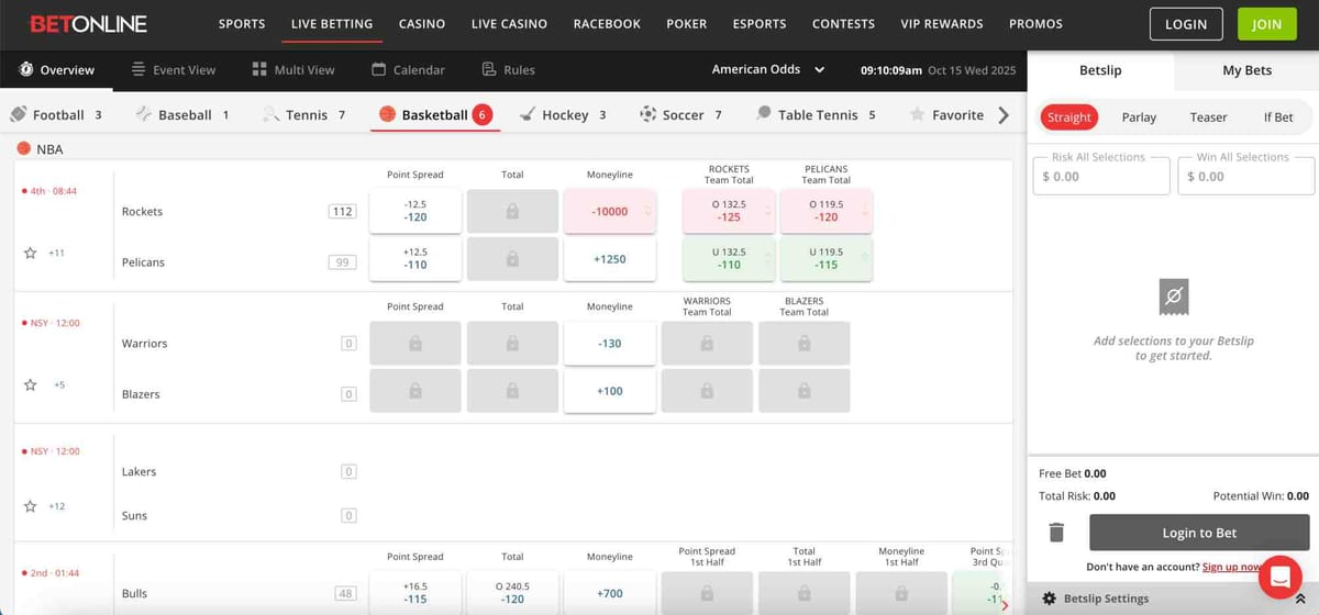 BetOnline basketball live betting page showing Rockets vs Pelicans score and betting odds — guide on BetOnline can you cash out a free bet