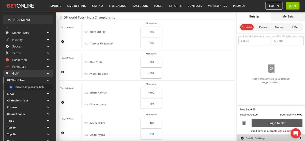 BetOnline golf betting page showing DP World Tour India Championship odds and matchups, relevant to what happens if a game is postponed on an accumulator BetOnline.