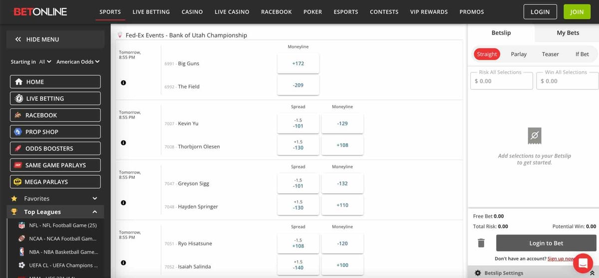 BetOnline sportsbook page showing Fed-Ex Events Bank of Utah Championship odds — example of how spreads and moneylines appear when learning what dead heat means on BetOnline.