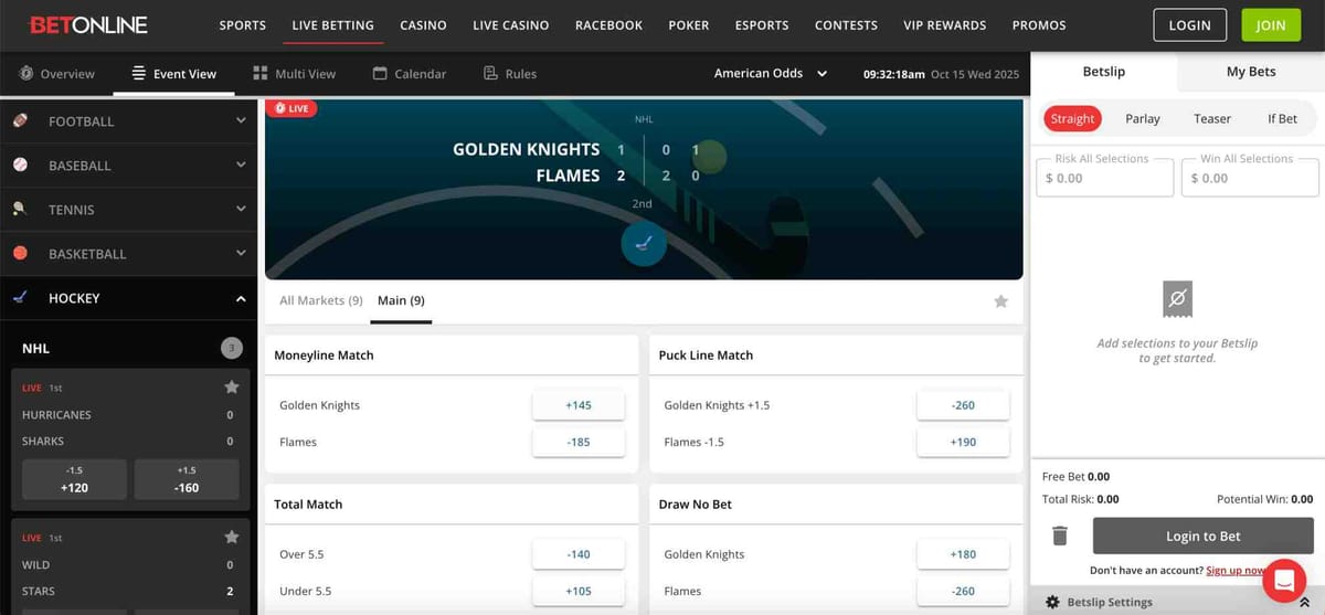 Live NHL betting screen on BetOnline showing Golden Knights vs Flames game odds with BetOnline GCash deposit Philippines option for players.