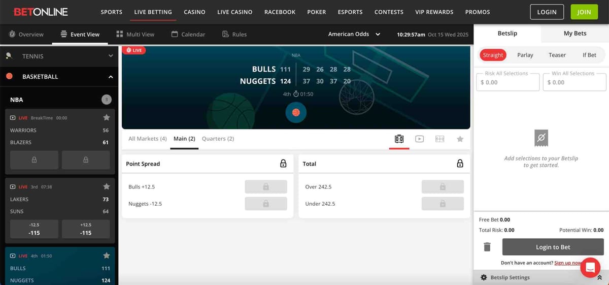 Live basketball betting screen on BetOnline showing Bulls vs Nuggets score and odds