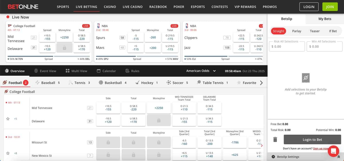 BetOnline live betting interface showing college football and NBA odds, including Mid Tennessee vs Delaware game and active betslip panel.