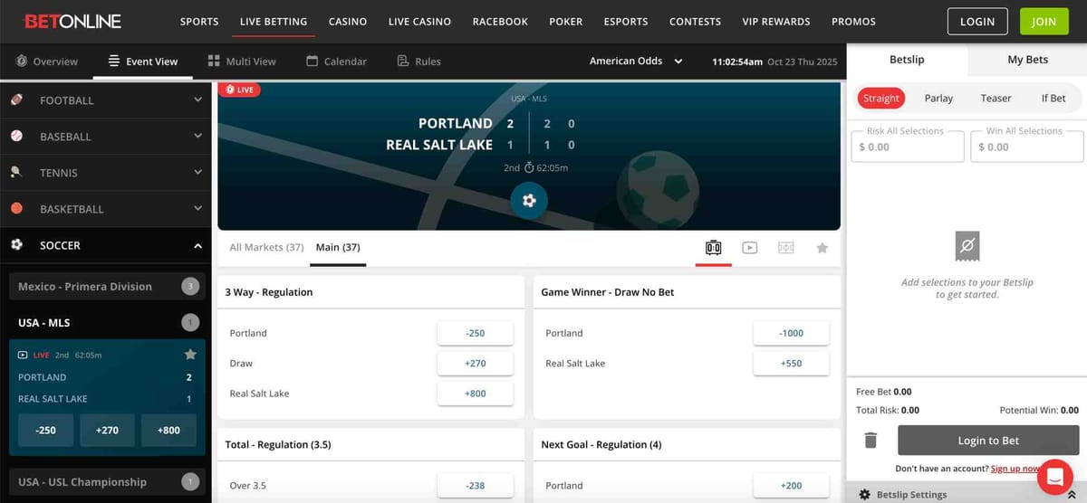 BetOnline live betting screen showing Portland vs Real Salt Lake match in progress — example of BetOnline interface used in Texas.