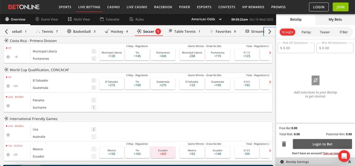 BetOnline live soccer odds screen showing matches and betting options, explaining BetOnline what is double chance.