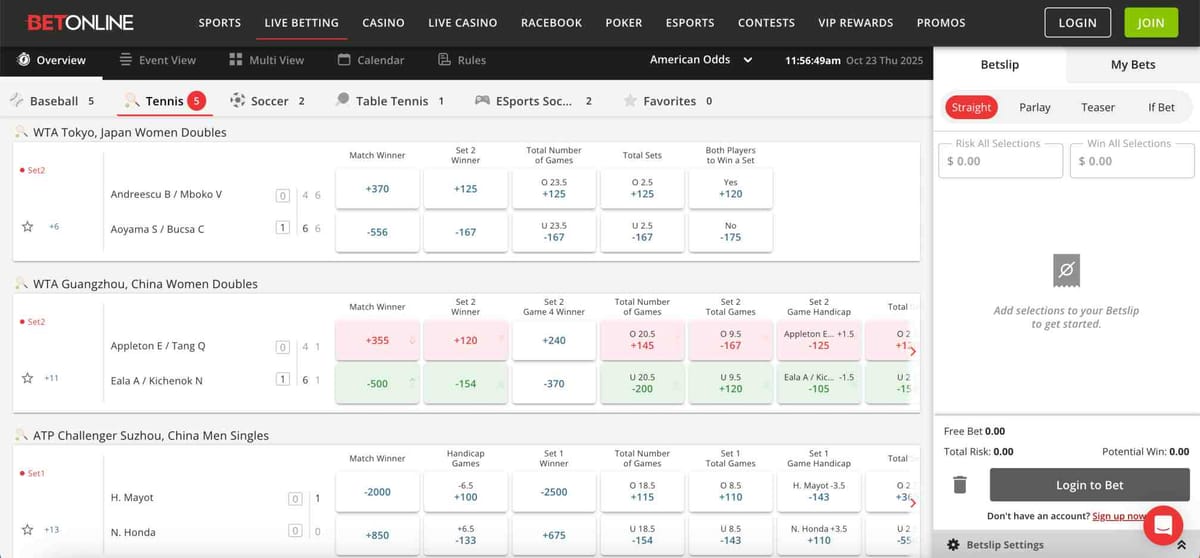 Live tennis betting odds displayed on BetOnline interface showing WTA and ATP matches, accessible through BetOnline mobile money Rwanda.
