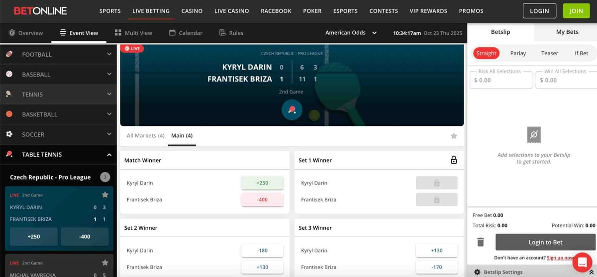 BetOnline live odds screen for Czech Pro League table tennis — BetOnline Apple Pay withdrawal declined.