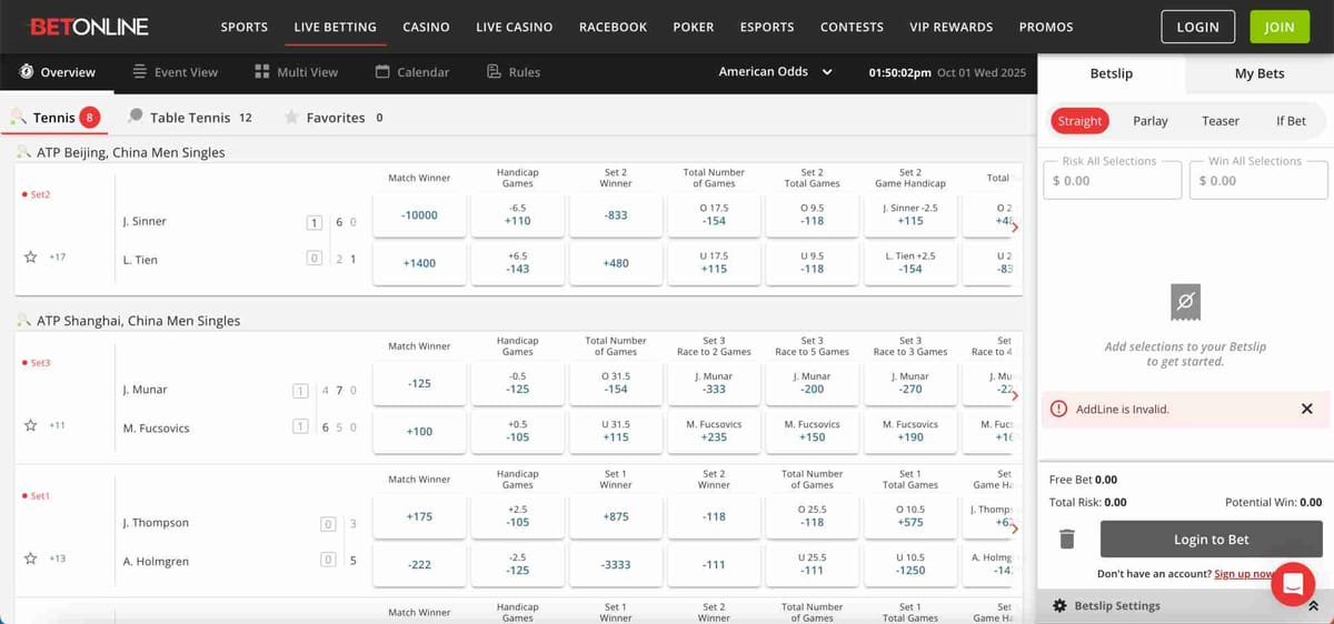 Live tennis betting odds on BetOnline with match details, relevant for Neteller deposit users in Bangladesh