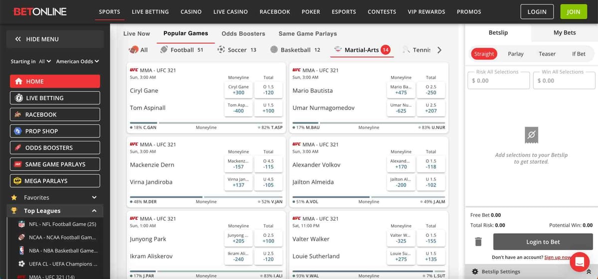 BetOnline UFC 321 betting odds page showing upcoming fights including Ciryl Gane vs Tom Aspinall — helpful for users troubleshooting BetOnline your details weren't recognised login issue.