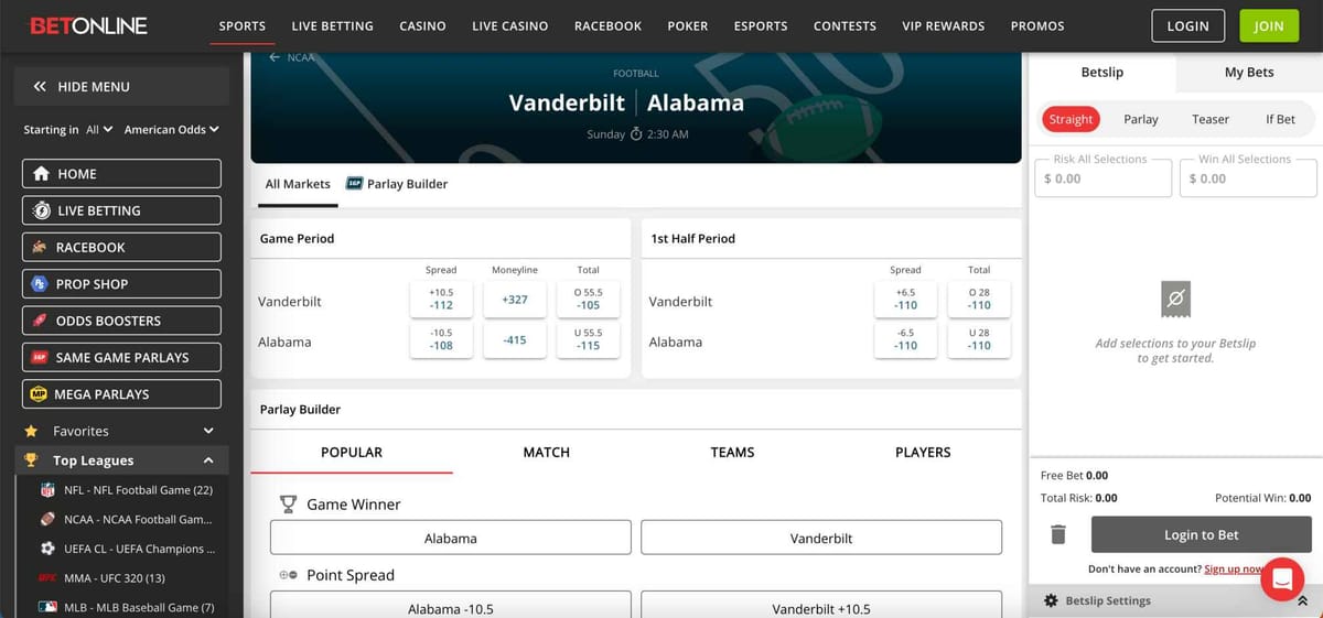BetOnline sportsbook odds page showing Vanderbilt vs Alabama betting lines – when is BetOnline coming to Maryland
