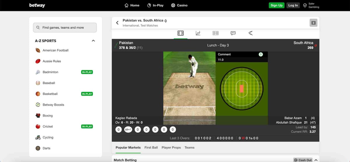 Live cricket score on Betway showing Pakistan vs South Africa Test Match with player stats and field view, related to Betway enhanced verification and in-play betting.