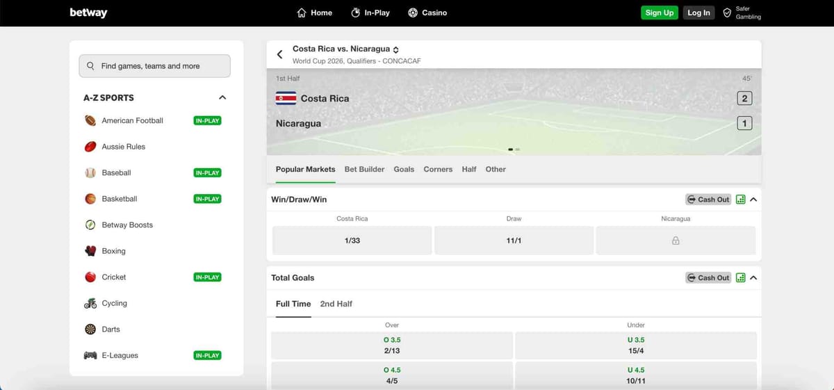 Betway football betting screen showing Costa Rica vs Nicaragua odds and markets, useful for explaining what happens if football match goes to penalties Betway.