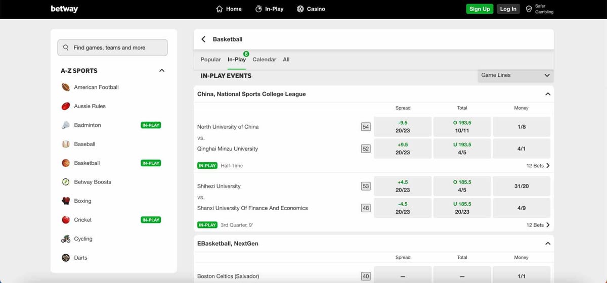 Betway in-play basketball betting interface showing live college league odds and markets, part of research on Betway Venmo withdrawal time.