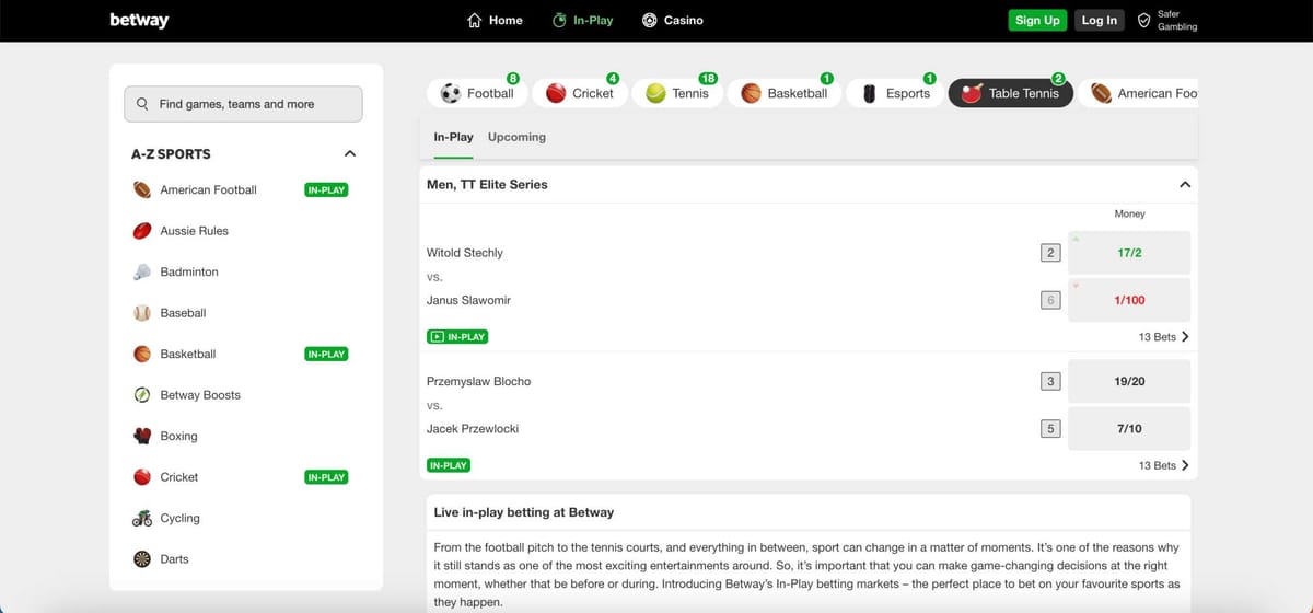 Betway in-play betting page showing table tennis matches and live odds, illustrating that Betway is available in Nigeria.