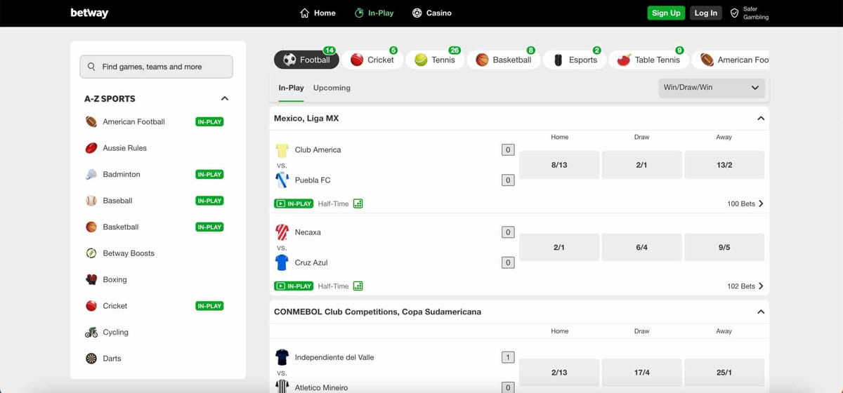 Betway football in-play betting screen showing Liga MX full time result odds and match options.