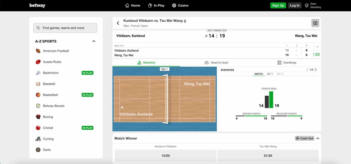 Live badminton match between Kunlavut Vitidsarn and Tzu Wei Wang shown on the Betway betting interface – example from a guide on can I have 2 Betway accounts.