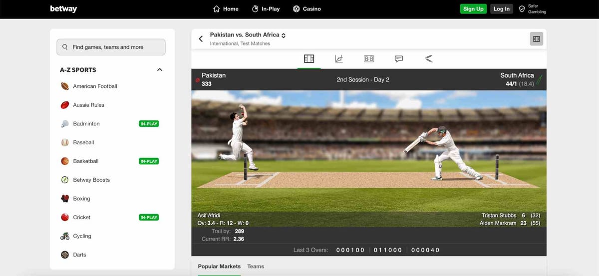 Betway live cricket betting screen showing Pakistan vs South Africa Test match — example of in-play activity related to whether Betway can take money back after cash out.