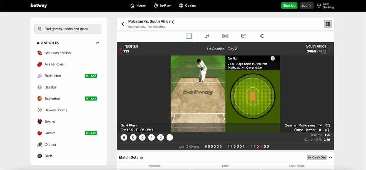 Live cricket match screen on Betway showing Pakistan vs South Africa score during in-play betting.